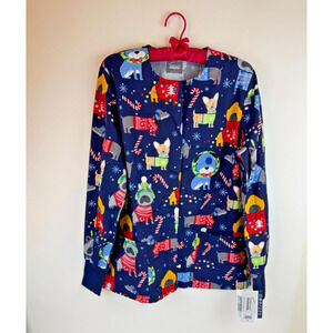 Butter-Soft Scrub Top Women’s Size M Blue Long Sleeve Snap Button Dog Christmas